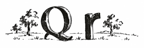 Pen-and-ink enlargement of a half-inch-tall book vignette showing the letterforms Q and r, from a late-18th-century pocket book