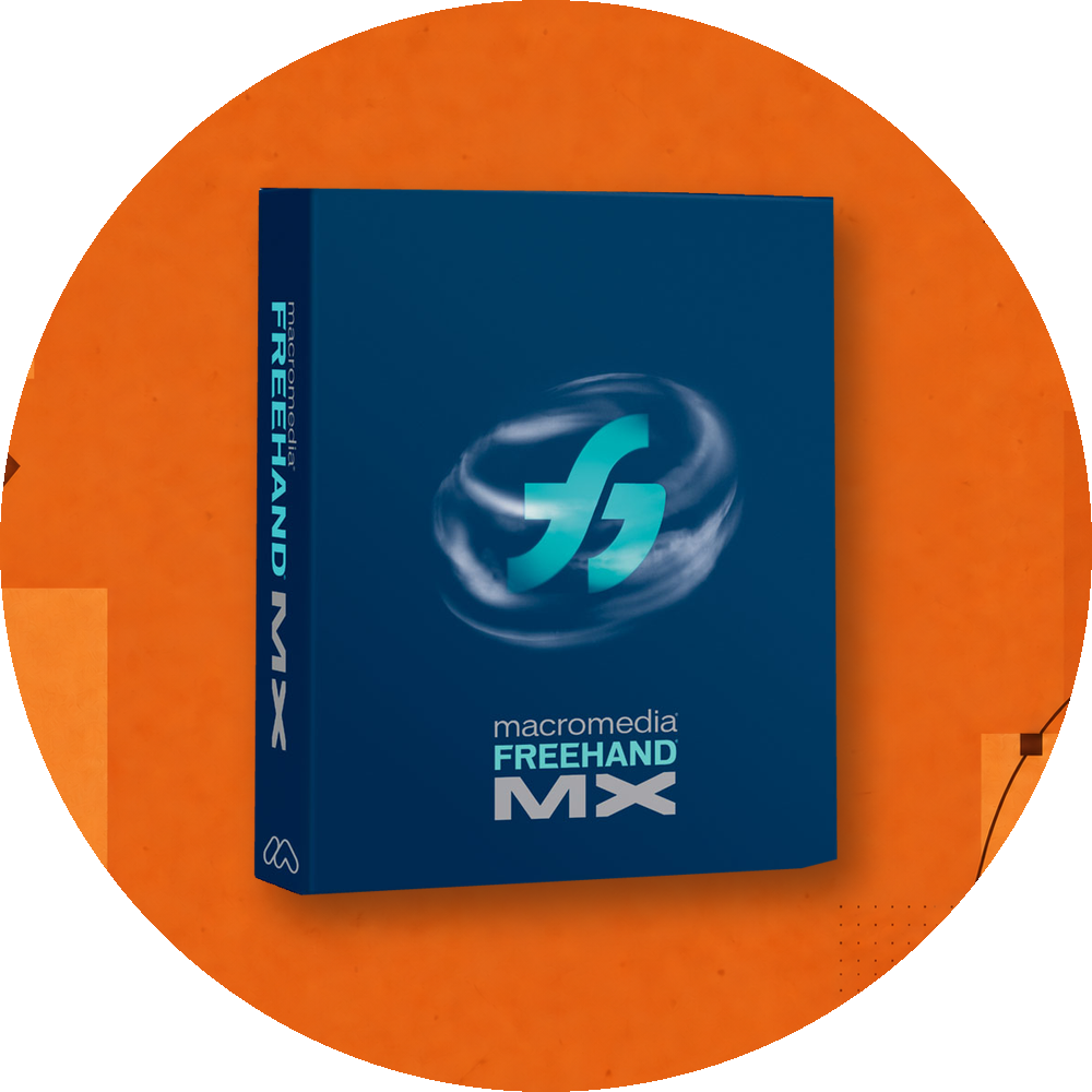 Macromedia FreeHand MX package inside a circle of orange vector-design artwork