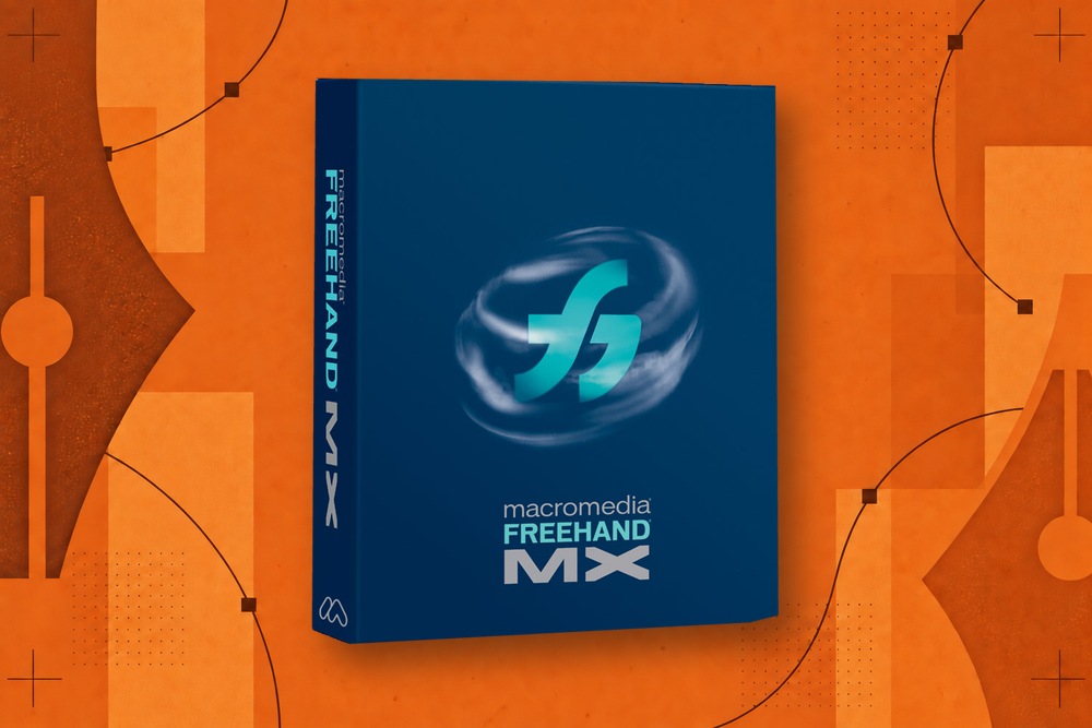Macromedia FreeHand MX package on an orange field of vector paths and pen nibs